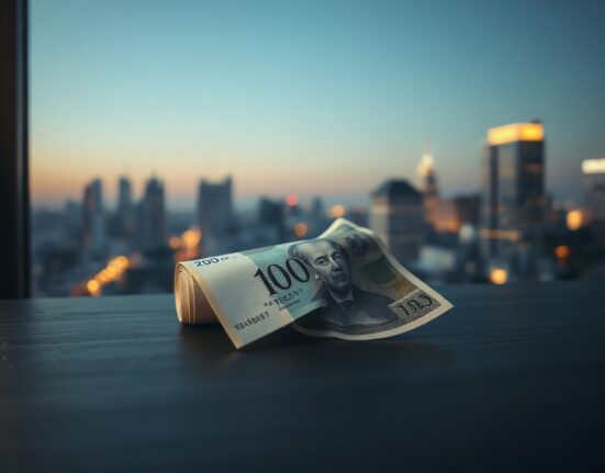 Japanese Yen banknote on desk with blurred city skyline background