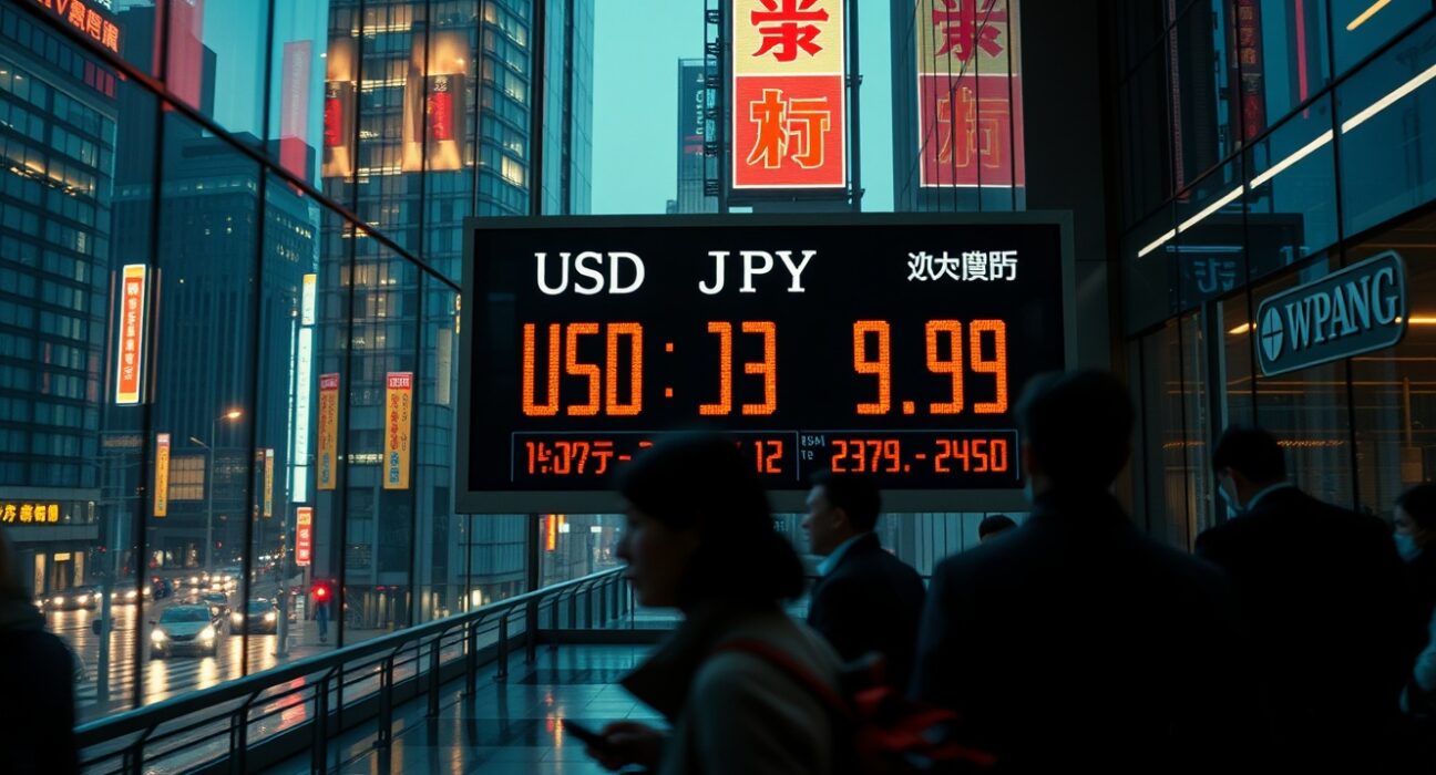 Digital currency exchange board in Tokyo showing fluctuating USD/JPY rates with traders in the background