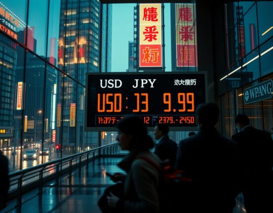 Digital currency exchange board in Tokyo showing fluctuating USD/JPY rates with traders in the background