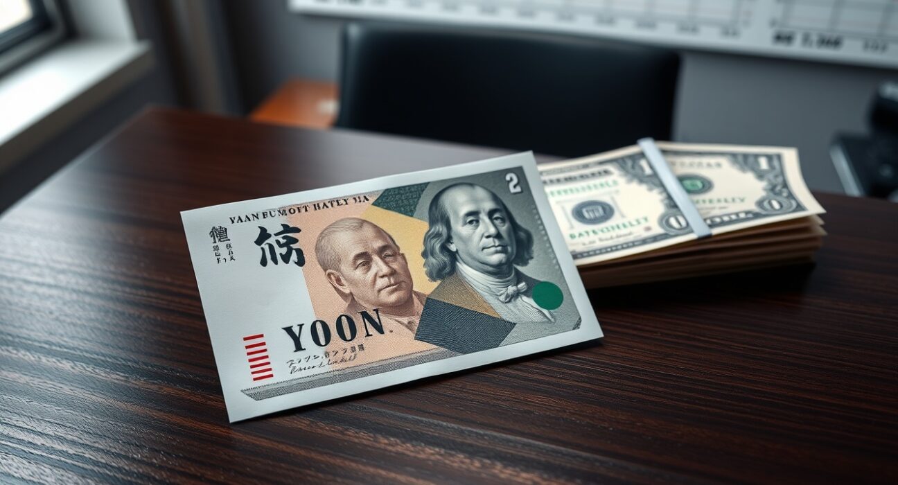 Japanese yen and US dollar banknotes on a desk with a financial chart background