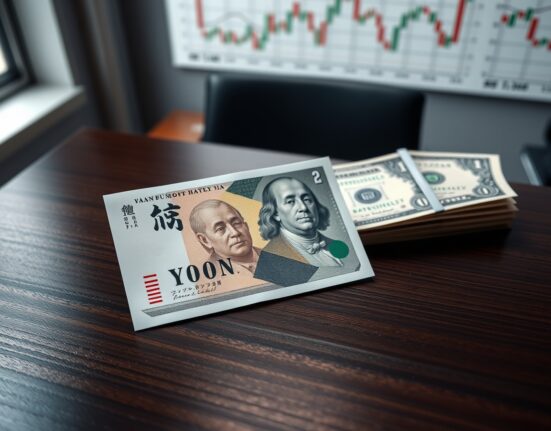 Japanese yen and US dollar banknotes on a desk with a financial chart background