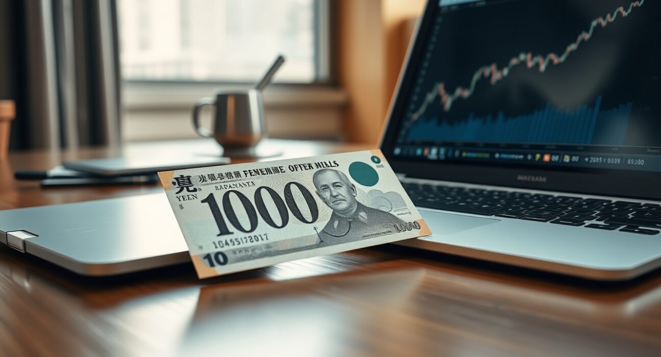 Japanese Yen banknote and laptop with financial chart in a professional office setting.