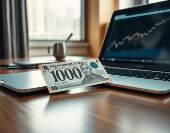 Japanese Yen banknote and laptop with financial chart in a professional office setting.
