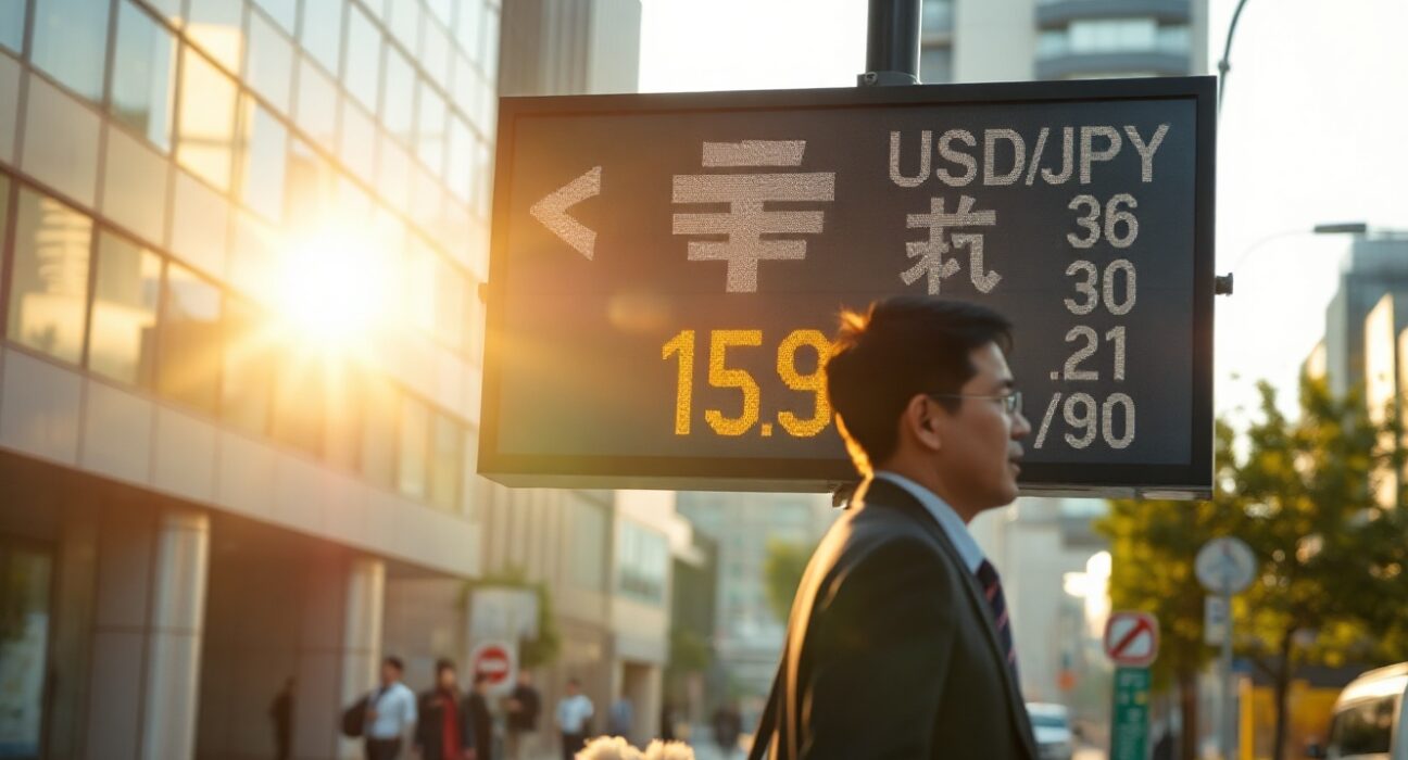 USD/JPY exchange rate board at 159.00 in Tokyo financial district
