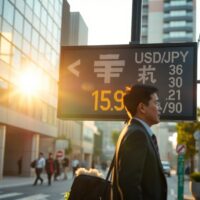 USD/JPY exchange rate board at 159.00 in Tokyo financial district
