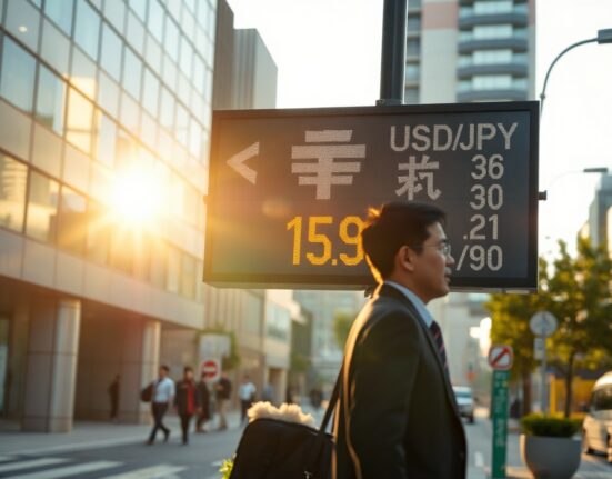 USD/JPY exchange rate board at 159.00 in Tokyo financial district