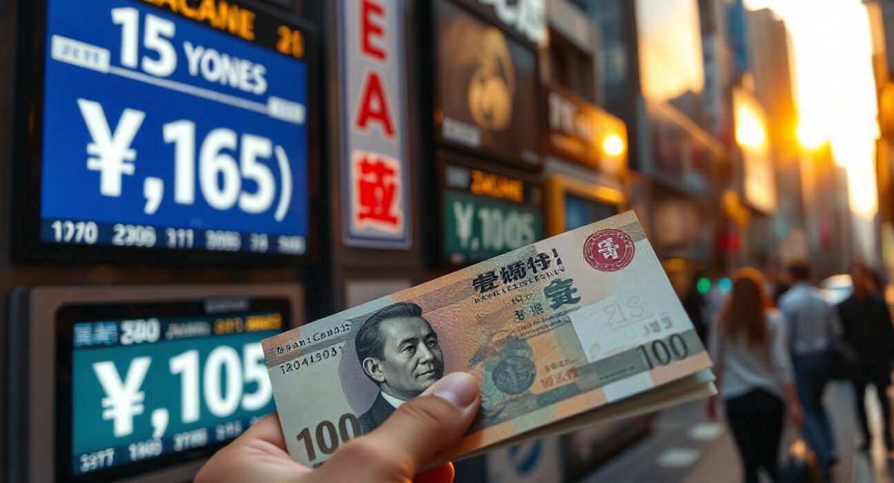 Japanese yen banknote in front of a currency exchange board in Tokyo