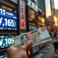 Japanese yen banknote in front of a currency exchange board in Tokyo
