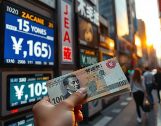 Japanese yen banknote in front of a currency exchange board in Tokyo