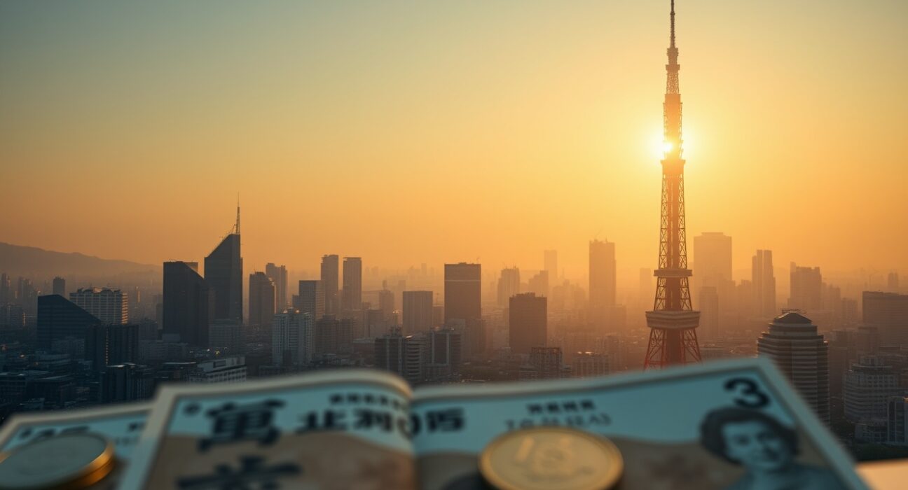 Tokyo skyline at dawn with Japanese yen currency in foreground