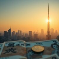 Tokyo skyline at dawn with Japanese yen currency in foreground