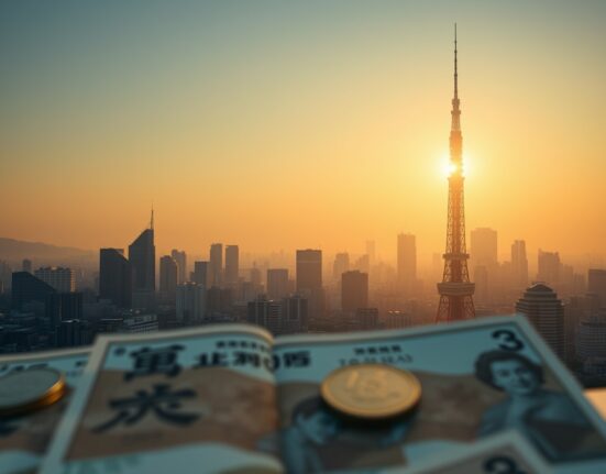 Tokyo skyline at dawn with Japanese yen currency in foreground