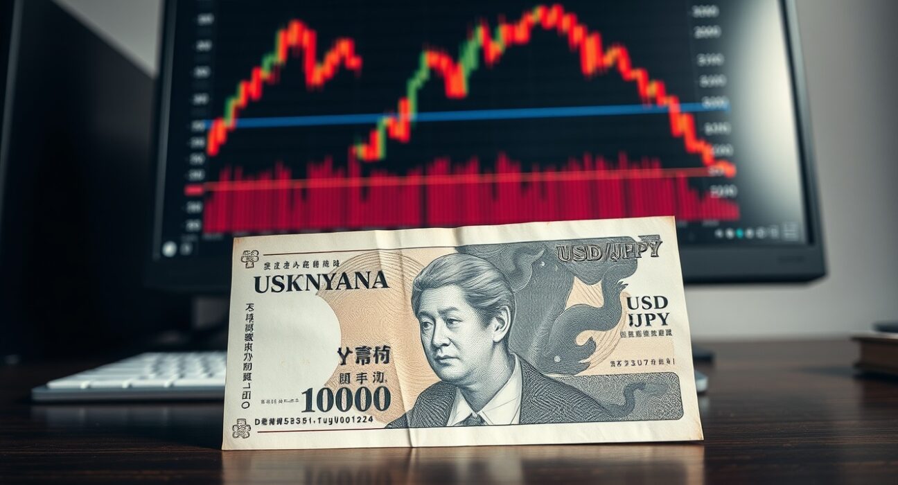 Japanese Yen banknote with financial charts in background showing forex market volatility