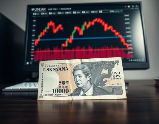 Japanese Yen banknote with financial charts in background showing forex market volatility