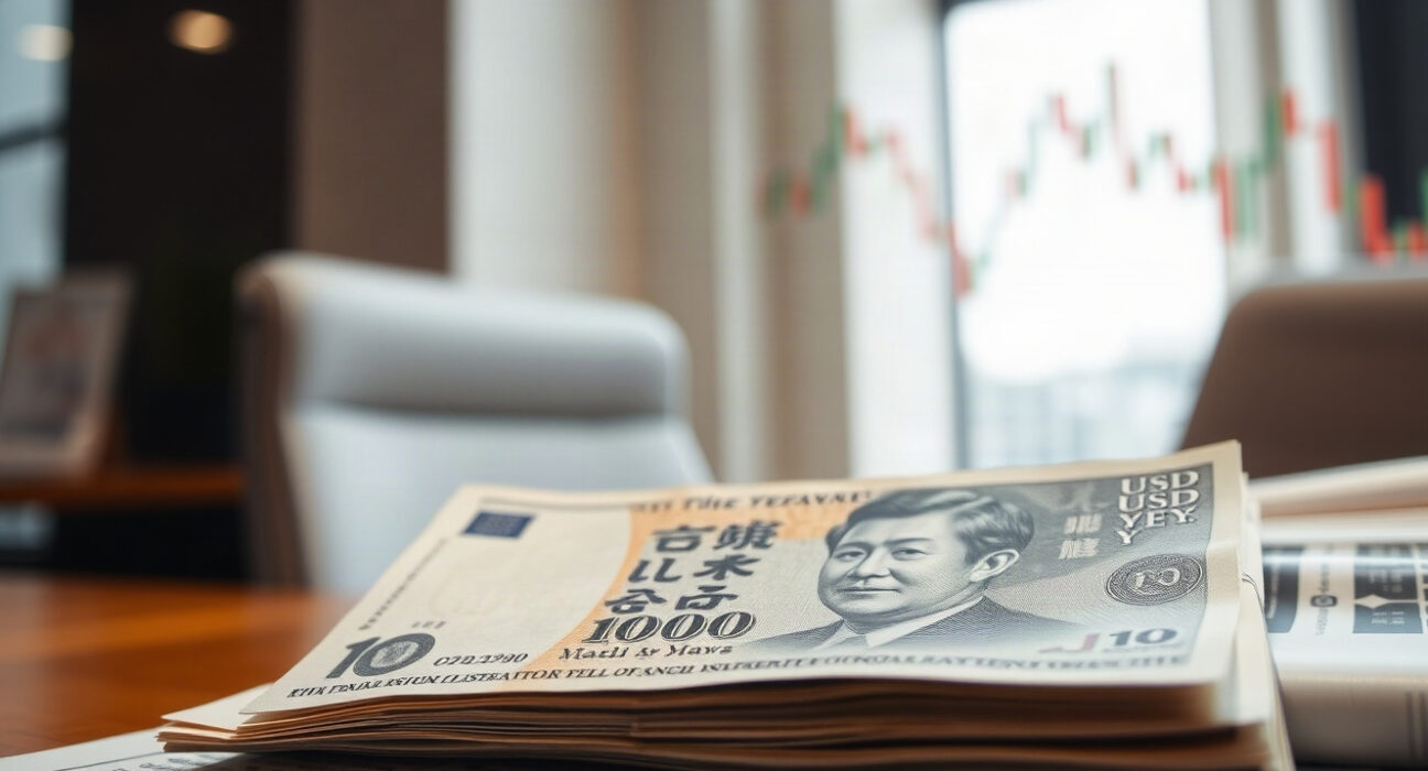 Japanese yen banknote with a USD/JPY chart in the background, symbolizing currency intervention and market trends.