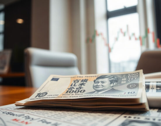 Japanese yen banknote with a USD/JPY chart in the background, symbolizing currency intervention and market trends.