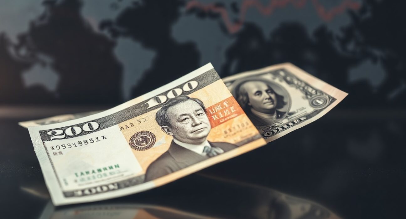 Japanese yen banknotes and US dollars side by side, symbolizing the USD/JPY currency pair