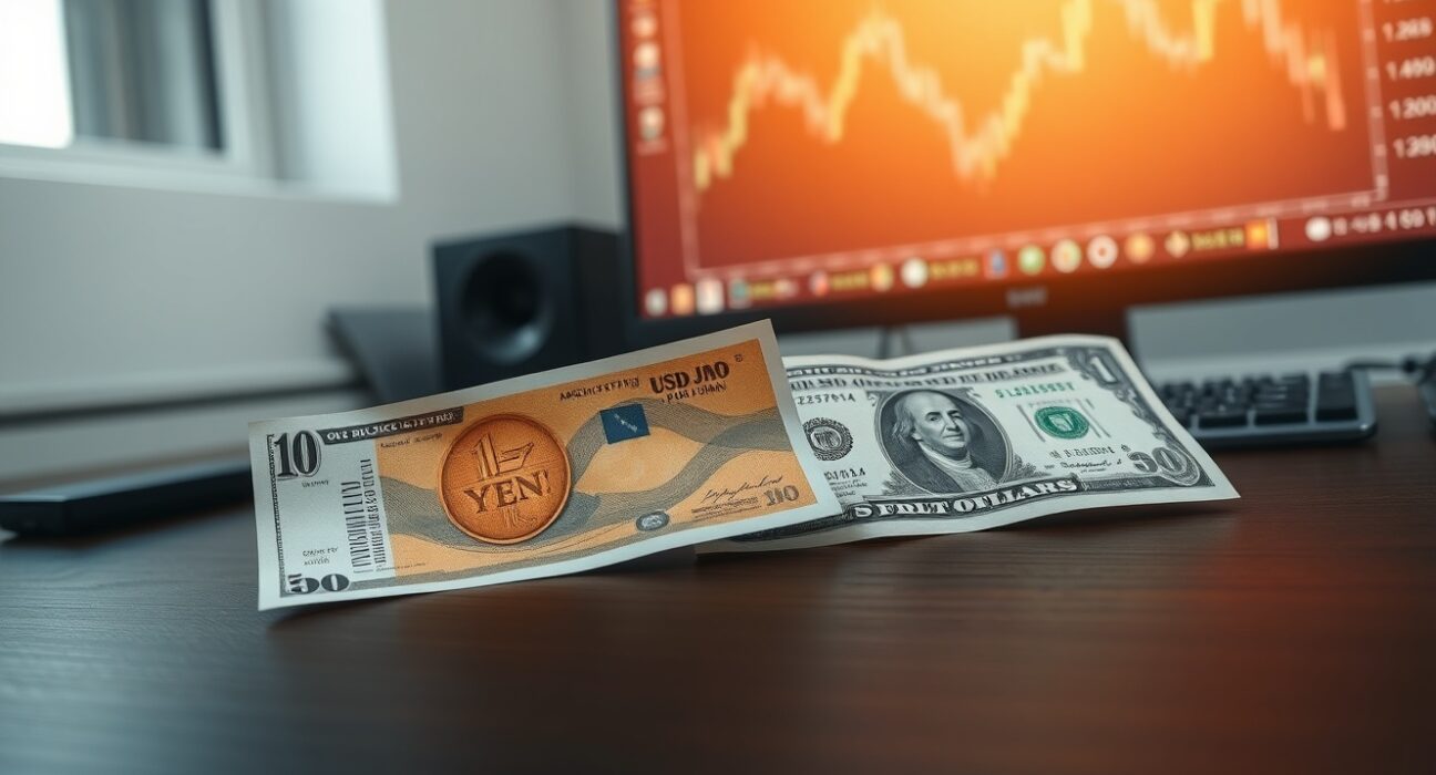 Japanese Yen and US Dollar banknotes on a desk with a USD/JPY chart in the background, symbolizing the currency pair's focus on BoJ and Fed rate decisions.