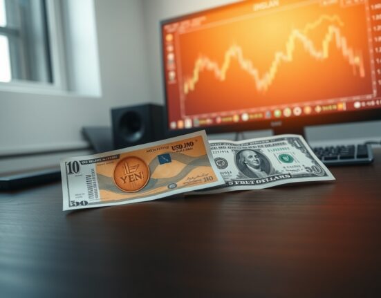 Japanese Yen and US Dollar banknotes on a desk with a USD/JPY chart in the background, symbolizing the currency pair's focus on BoJ and Fed rate decisions.