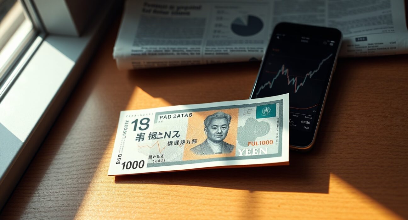 Japanese yen banknote on desk next to smartphone showing financial chart
