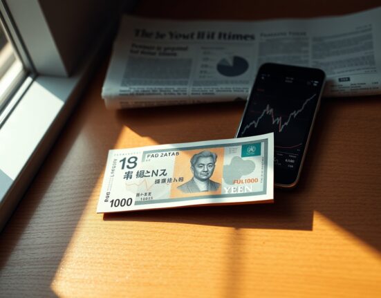 Japanese yen banknote on desk next to smartphone showing financial chart