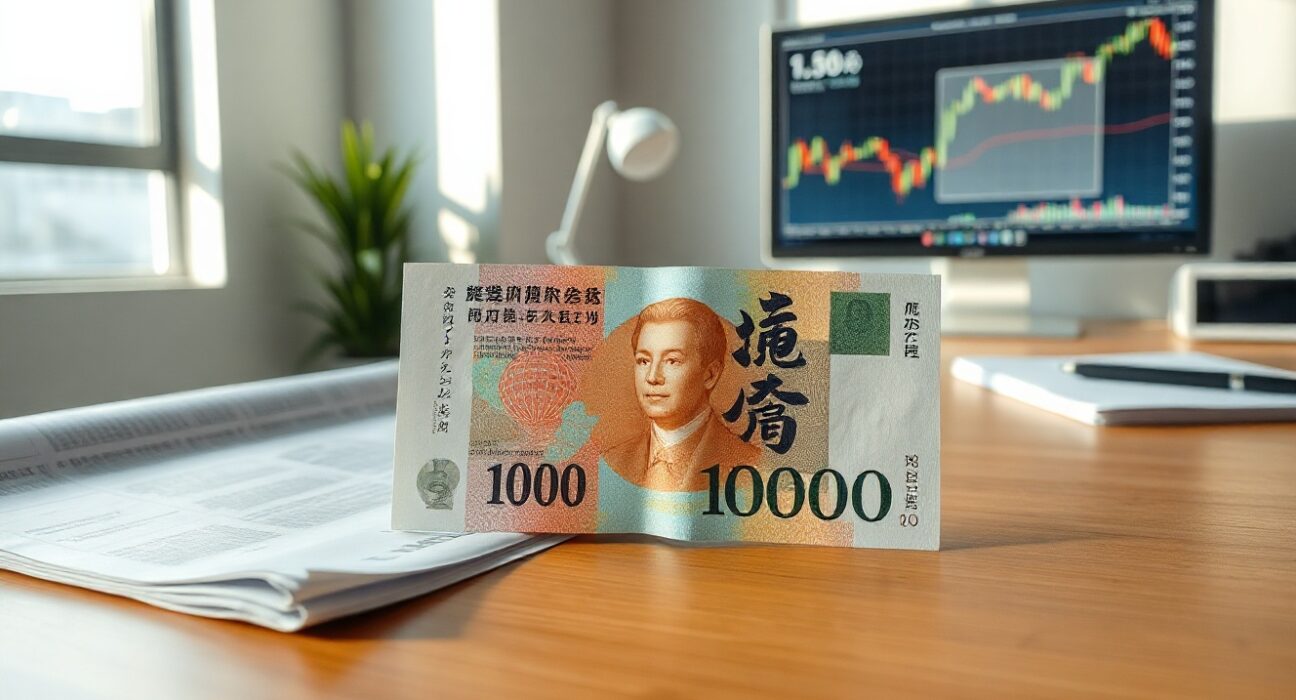 Japanese yen banknote with inflation curve graph on desk in financial news setting