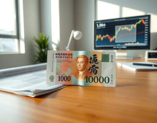 Japanese yen banknote with inflation curve graph on desk in financial news setting