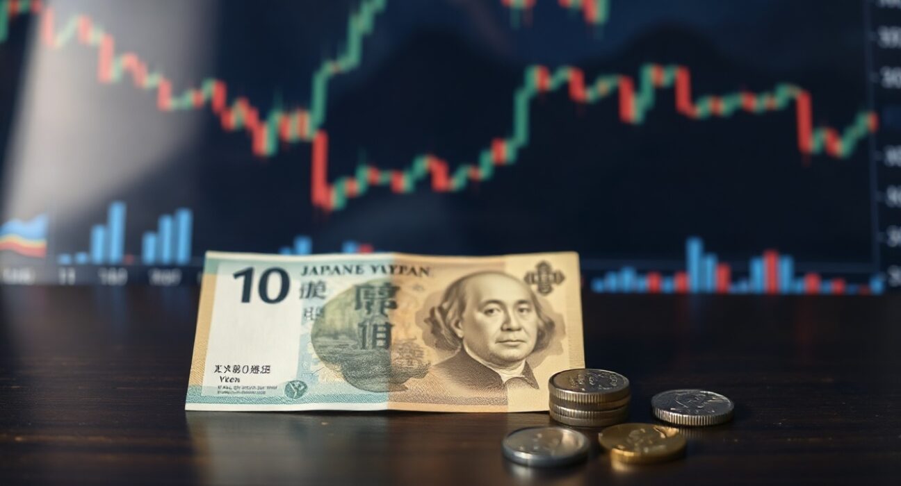 Japanese yen banknotes and coins on a wooden surface with financial charts in the background.