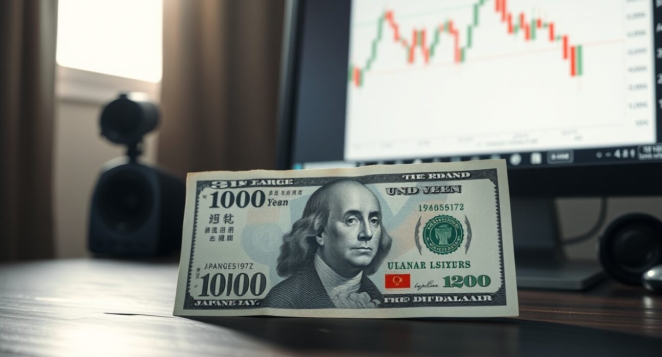 Japanese yen and US dollar banknotes on a desk with a forex chart in the background, illustrating yen intervention