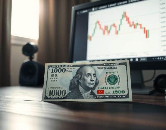 Japanese yen and US dollar banknotes on a desk with a forex chart in the background, illustrating yen intervention