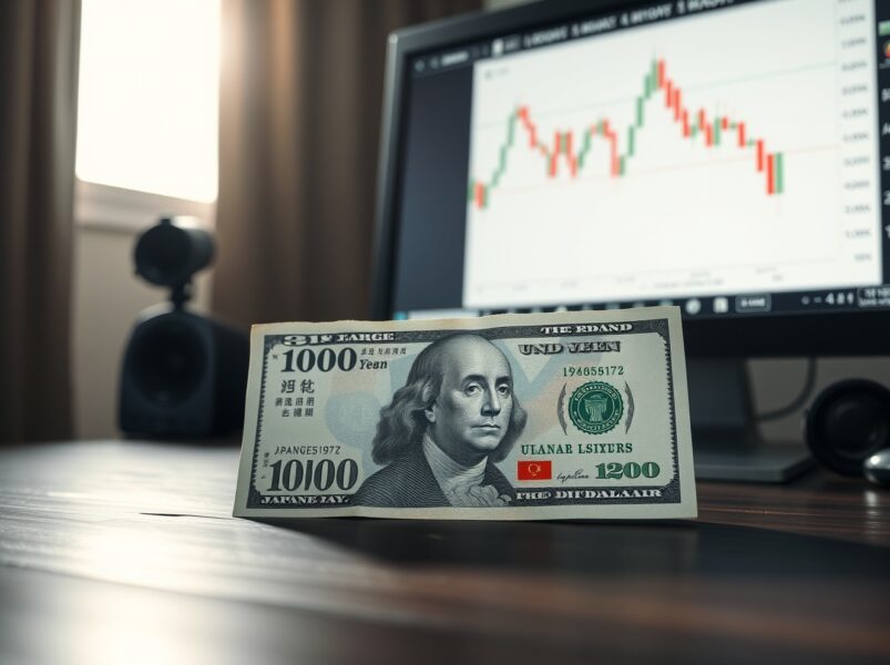 Japanese yen and US dollar banknotes on a desk with a forex chart in the background, illustrating yen intervention