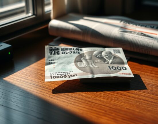 Japanese yen banknote on desk with financial newspaper, representing currency market analysis.