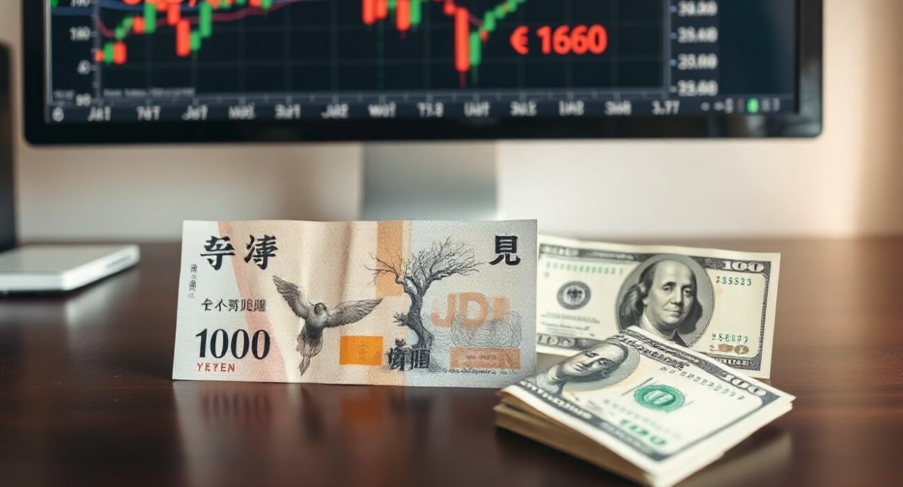 Japanese yen and US dollar banknotes on a desk with a forex chart showing USD/JPY near 160
