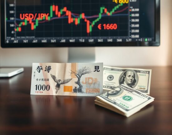 Japanese yen and US dollar banknotes on a desk with a forex chart showing USD/JPY near 160