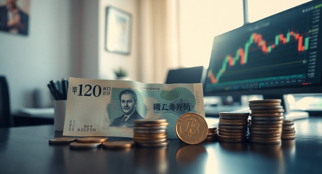 Japanese Yen banknotes with a computer monitor showing USD/JPY chart in the background
