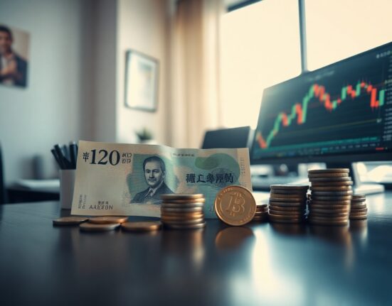 Japanese Yen banknotes with a computer monitor showing USD/JPY chart in the background