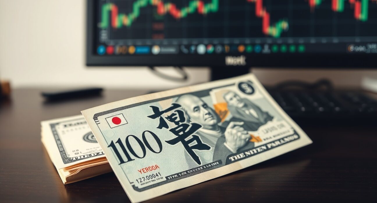 Japanese yen banknote and US dollar bill on a desk, representing forex market analysis.
