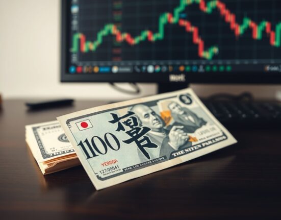 Japanese yen banknote and US dollar bill on a desk, representing forex market analysis.