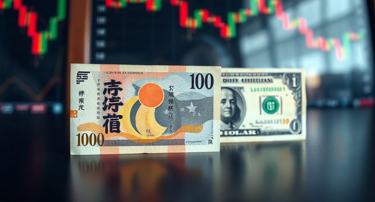Japanese Yen and US Dollar banknotes on a trading desk, symbolizing currency market analysis.