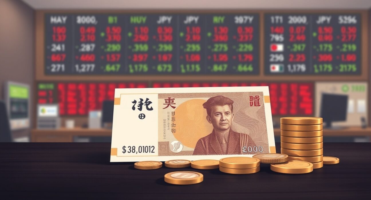 Japanese Yen banknotes and coins on a desk, symbolizing the strengthening currency amid intervention fears and BOJ action.