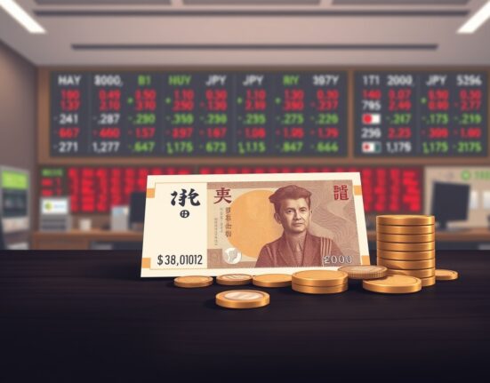 Japanese Yen banknotes and coins on a desk, symbolizing the strengthening currency amid intervention fears and BOJ action.