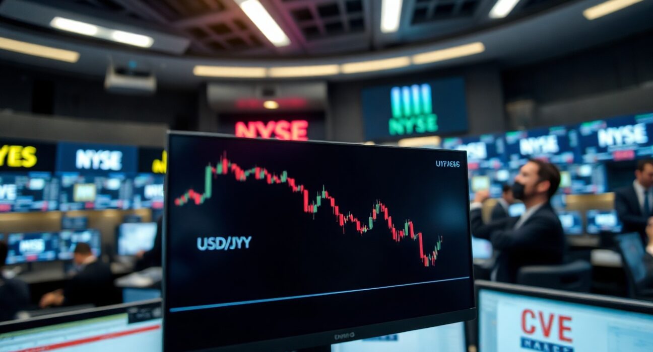 USD/JPY chart on a trading screen showing a downward trend, with traders in the background.