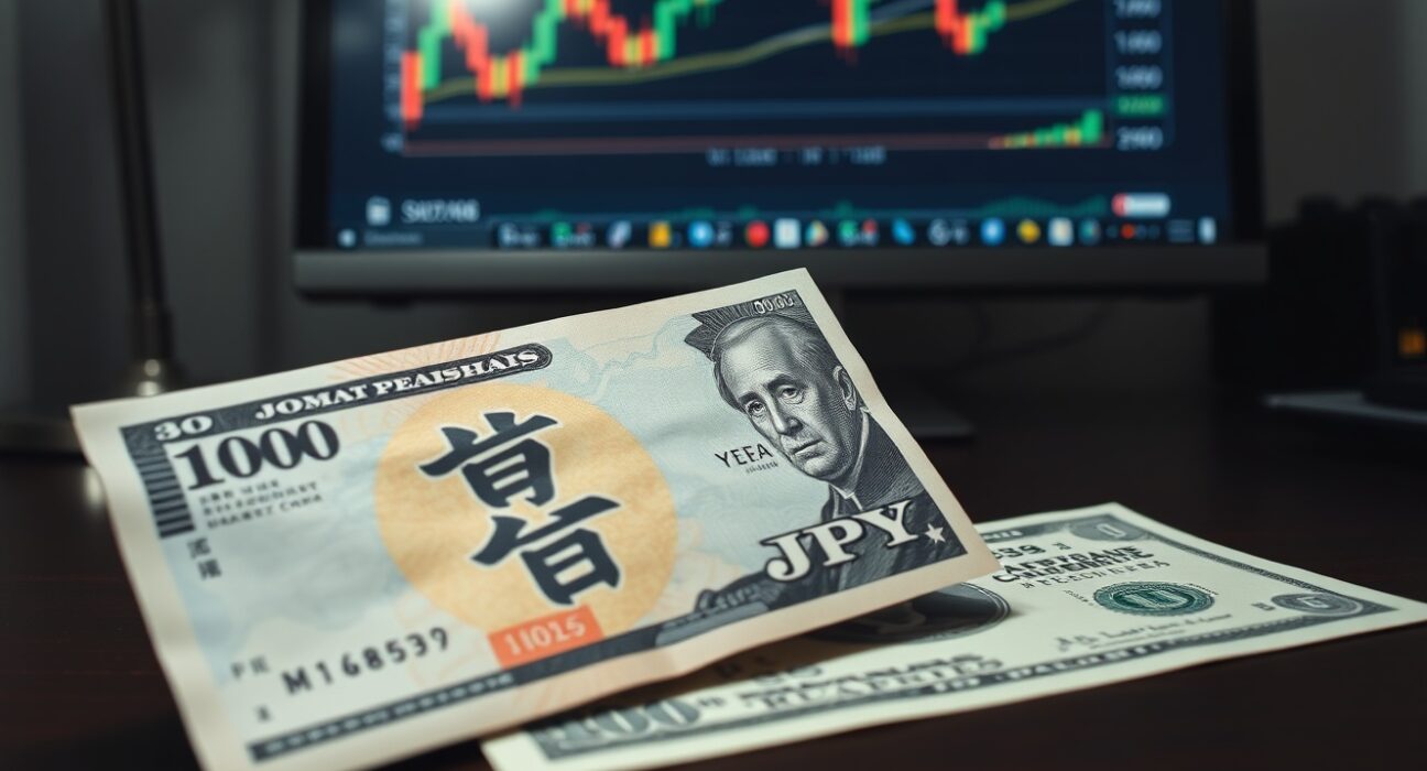 Close-up of Japanese Yen and US dollar banknotes with forex chart on monitor in background
