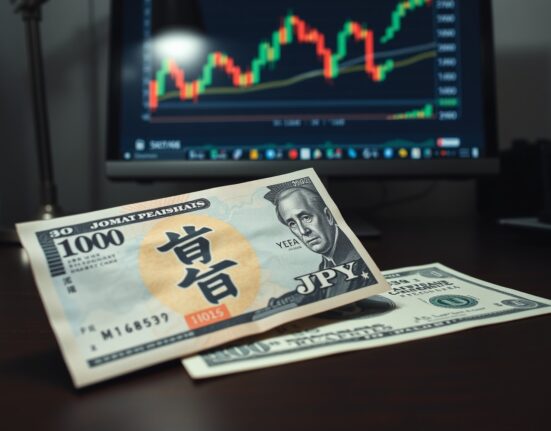 Close-up of Japanese Yen and US dollar banknotes with forex chart on monitor in background