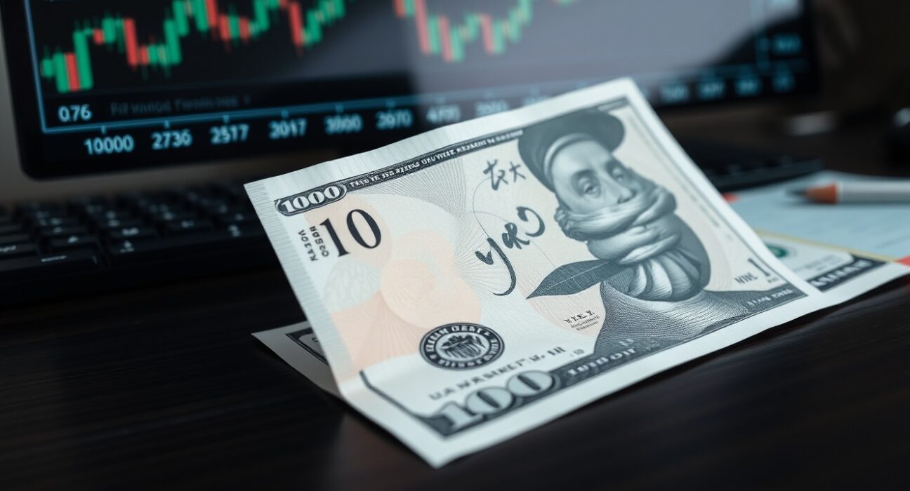 Japanese yen banknotes on a desk with a blurred financial screen in the background