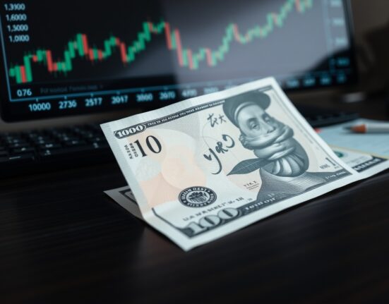 Japanese yen banknotes on a desk with a blurred financial screen in the background