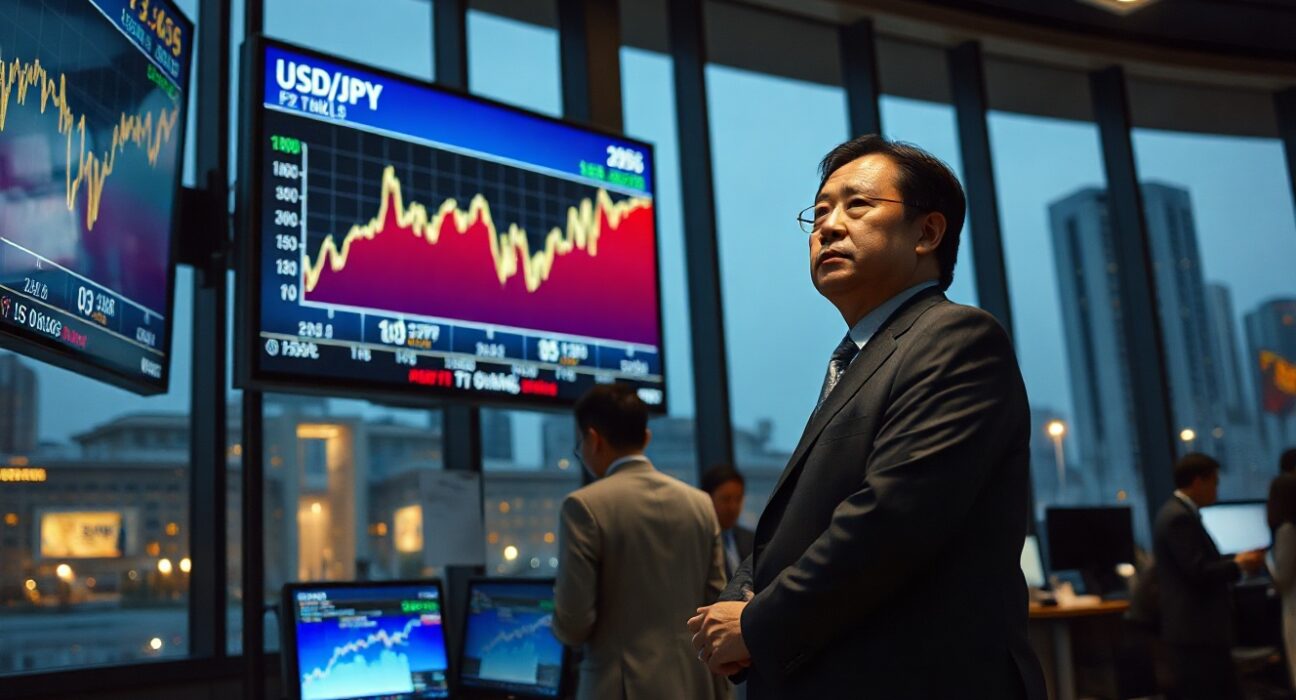 Tokyo forex trading floor with USD/JPY charts showing yen weakening toward intervention threshold