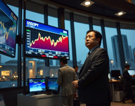 Tokyo forex trading floor with USD/JPY charts showing yen weakening toward intervention threshold