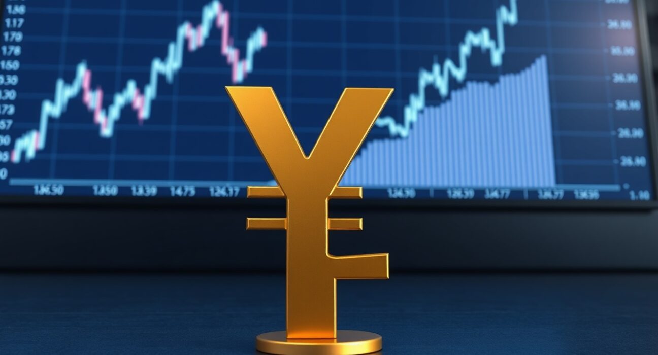 Japanese Yen symbol stands strong on a trading floor, representing the currency intervention rally and shifting market focus to US economic data.