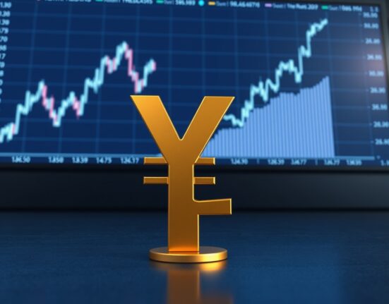 Japanese Yen symbol stands strong on a trading floor, representing the currency intervention rally and shifting market focus to US economic data.